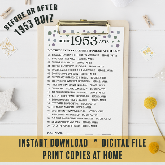 1953 Trivia Quiz Party Game Instant Digital Download Printable