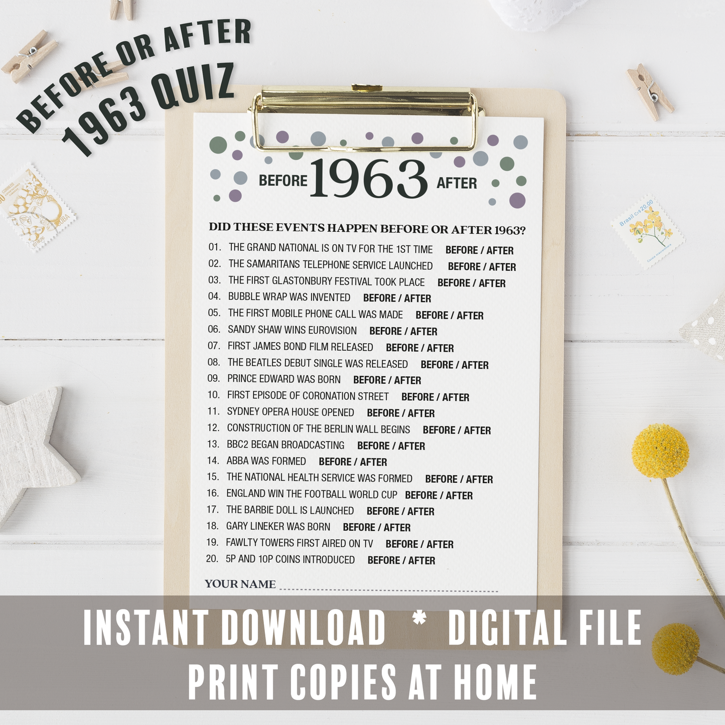 1963 Trivia Quiz Party Game Instant Digital Download Printable