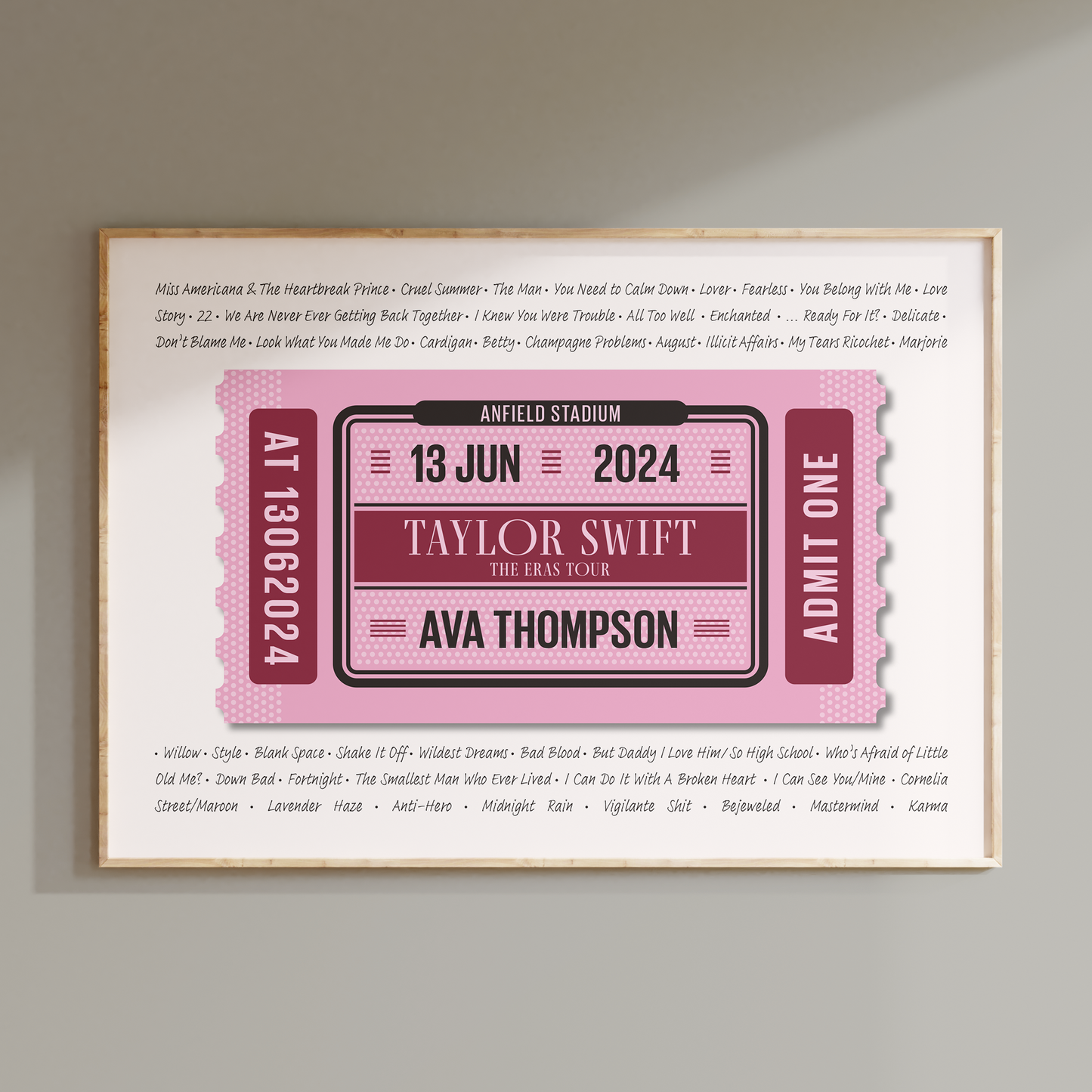 Taylor Swift The Eras Tour setlist personalised ticket print