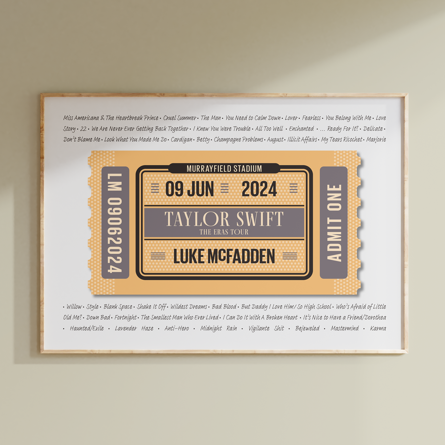 Taylor Swift The Eras Tour setlist personalised ticket print