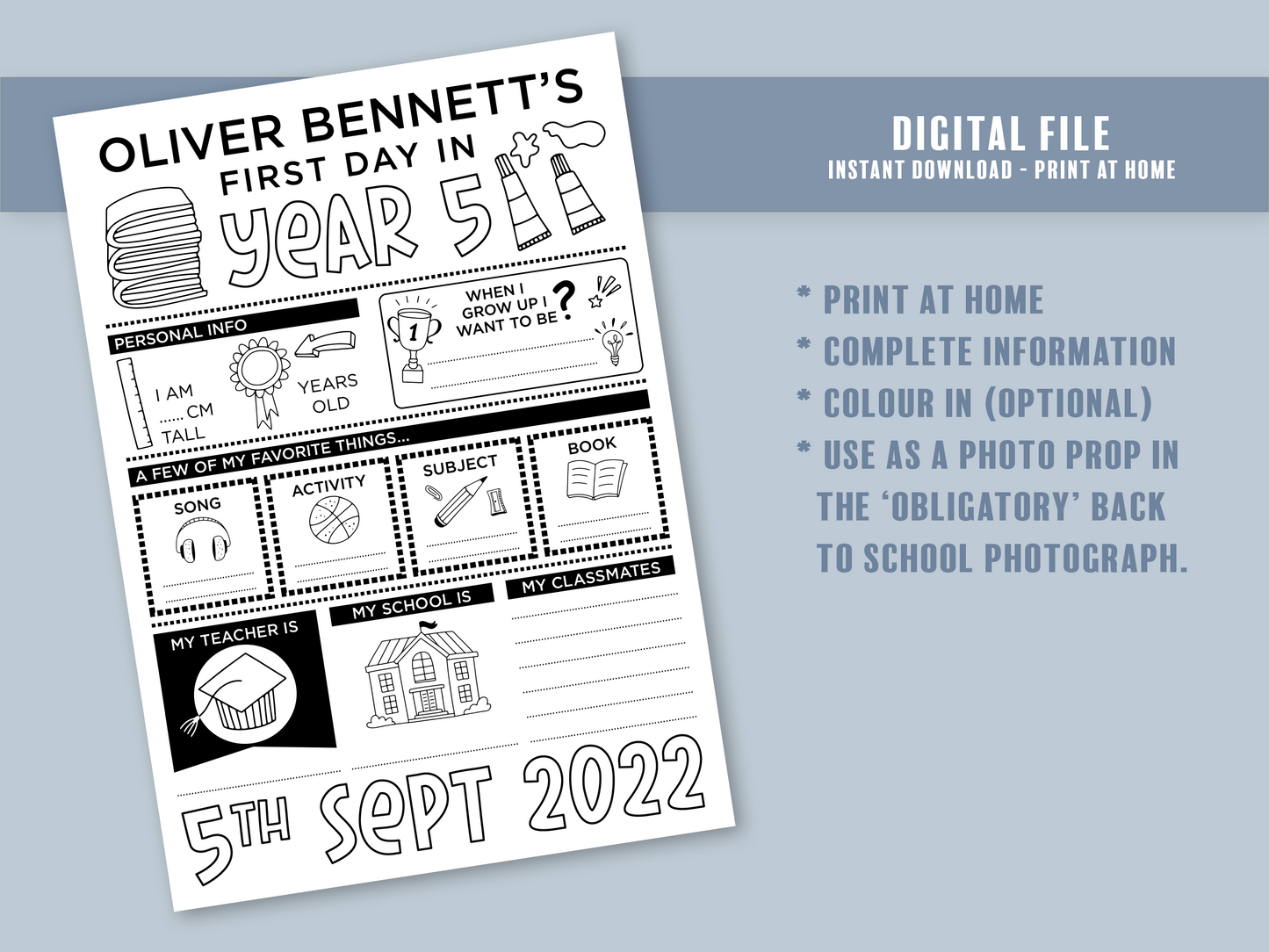 Personalised  First Day at School Printable - Back to School Sign Photo Prop DIGITAL FILE ONLY