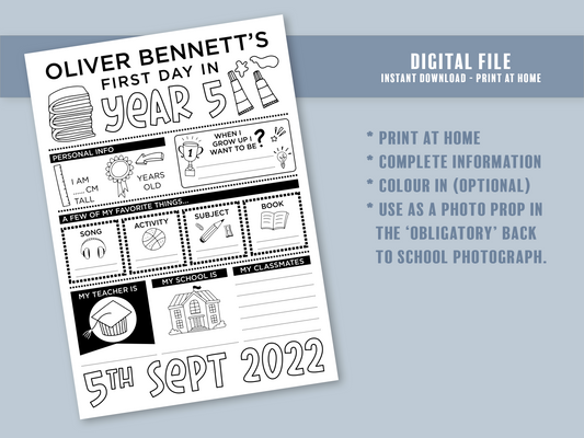 Personalised  First Day at School Printable - Back to School Sign Photo Prop DIGITAL FILE ONLY