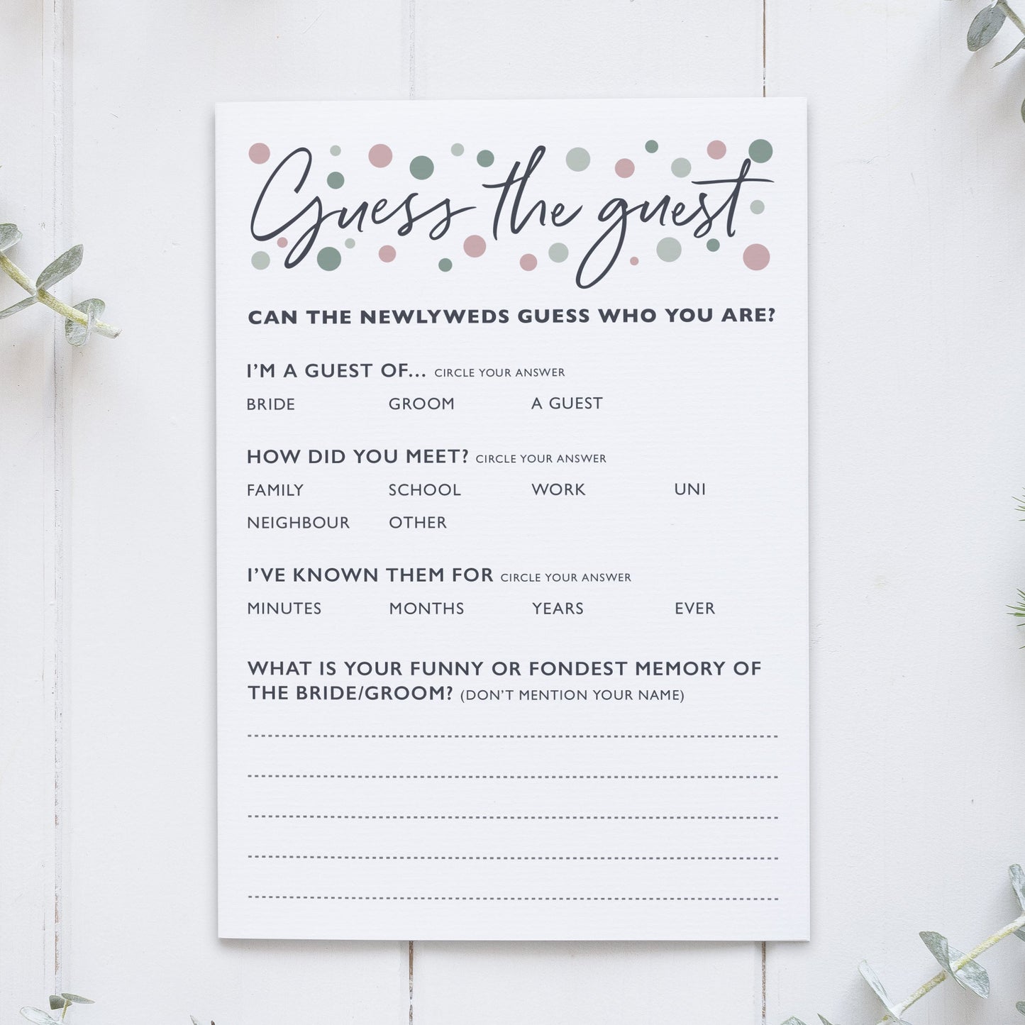 Wedding Guest Table Game | Wedding Guest Book | Wedding Reception Icebreaker | Printable | Instant Download