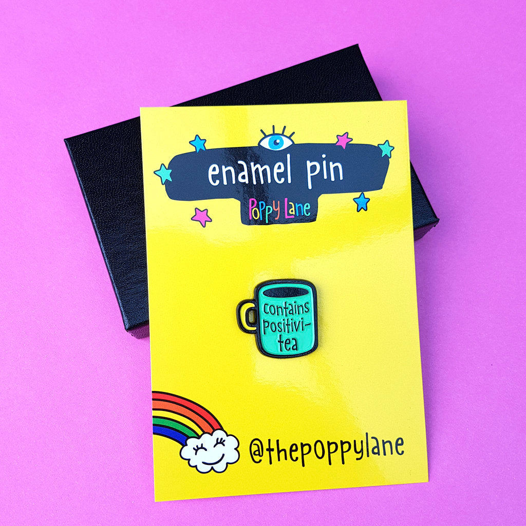 Colourful Mug shaped enamel pin with positive message 'Contains Positivi-tea' - the-poppy-lane